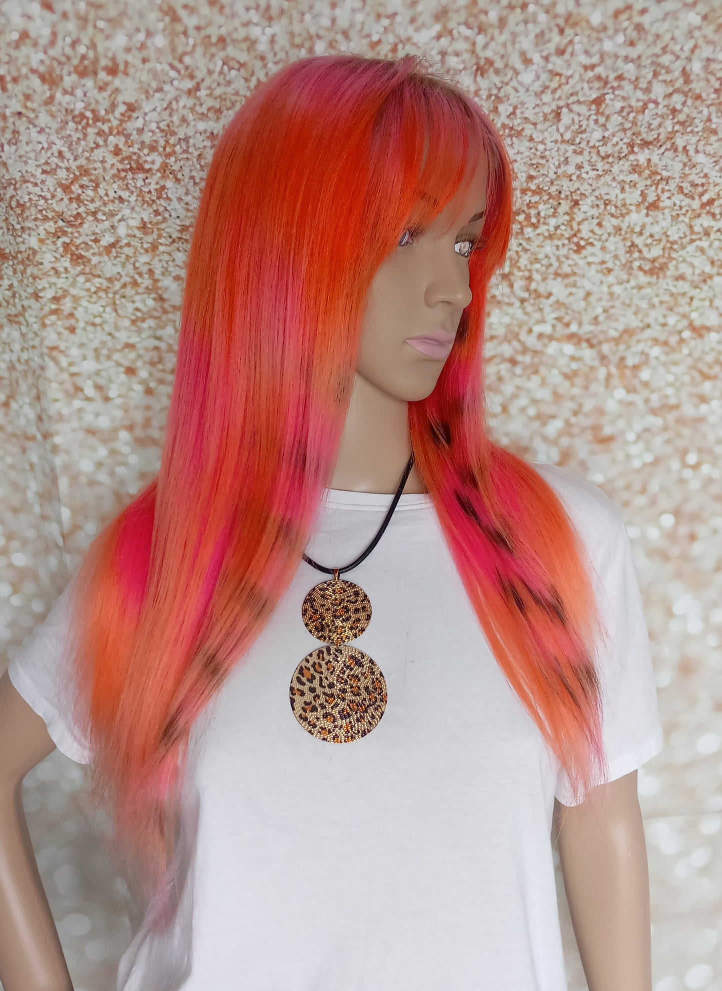 Racoon tail Human hair wig, lace closure, 18 inches long, fringe, bangs, medium size