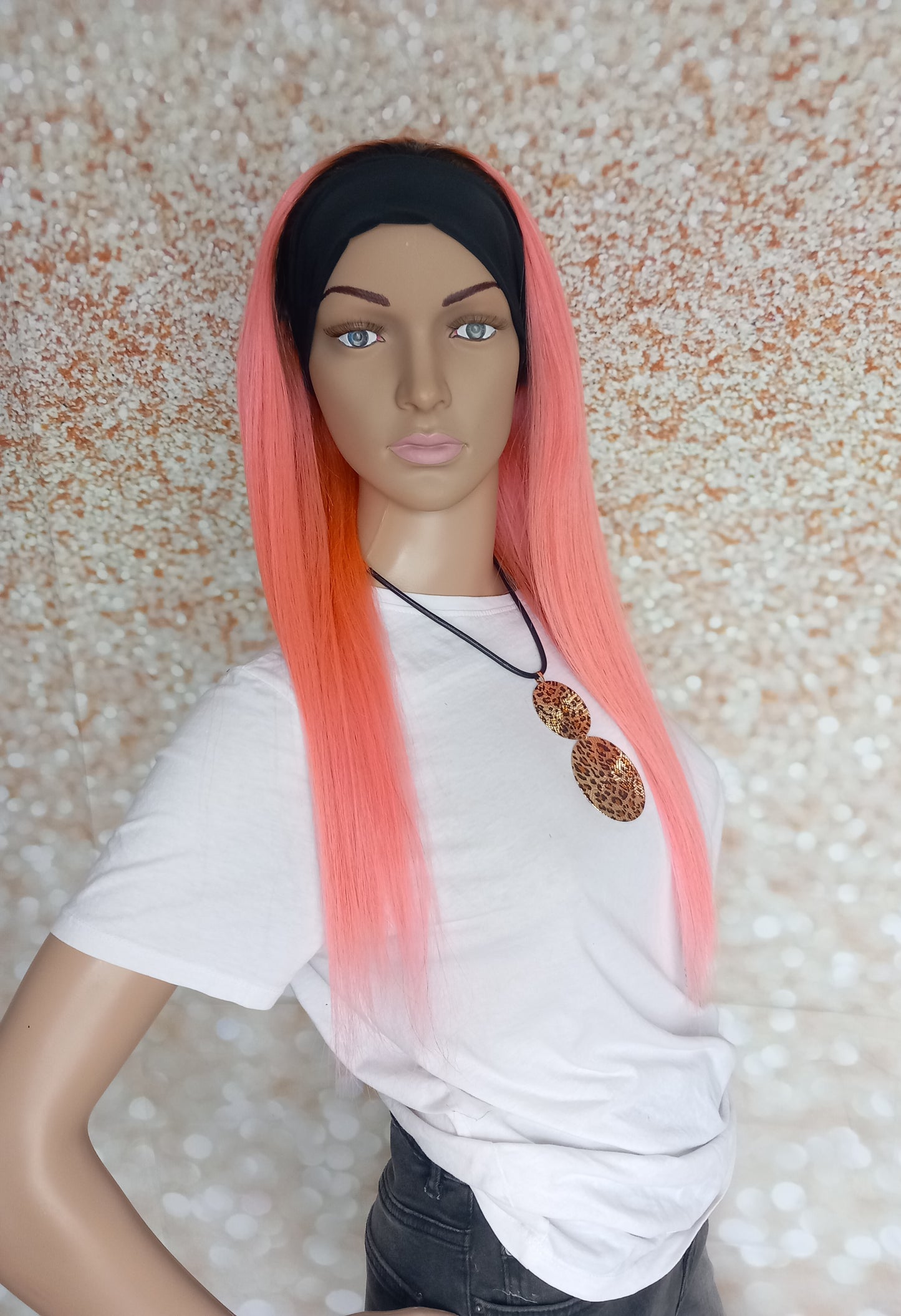 Vibe Headband wig, #2/pink, dark brown/ Pink, 100% human hair, flip your style in seconds, 16/18/20 inch length