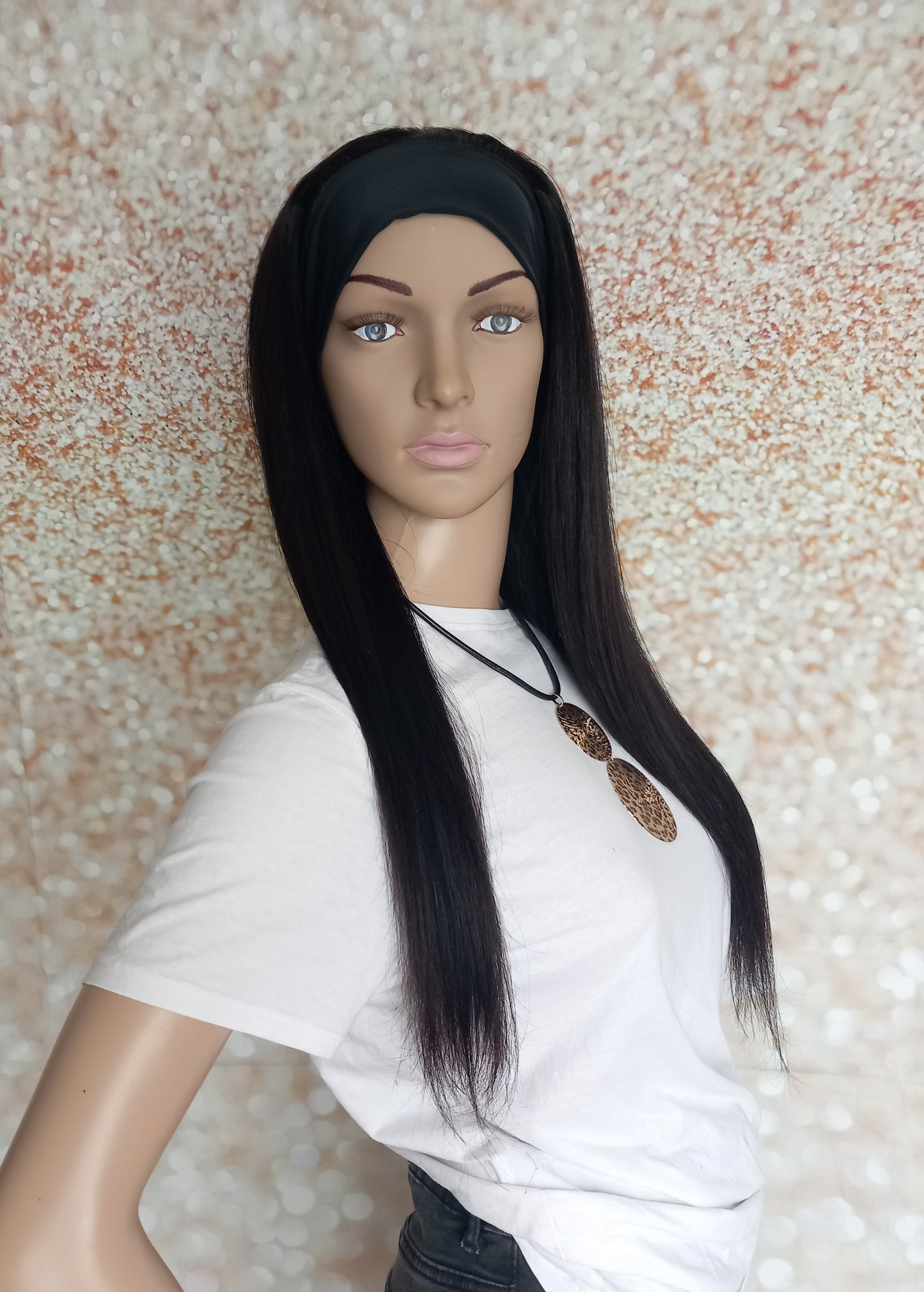 Vibe Headband wig, #1b, Glossy natural black, 100% human hair, flip your style in seconds, 16/18/20 inch length