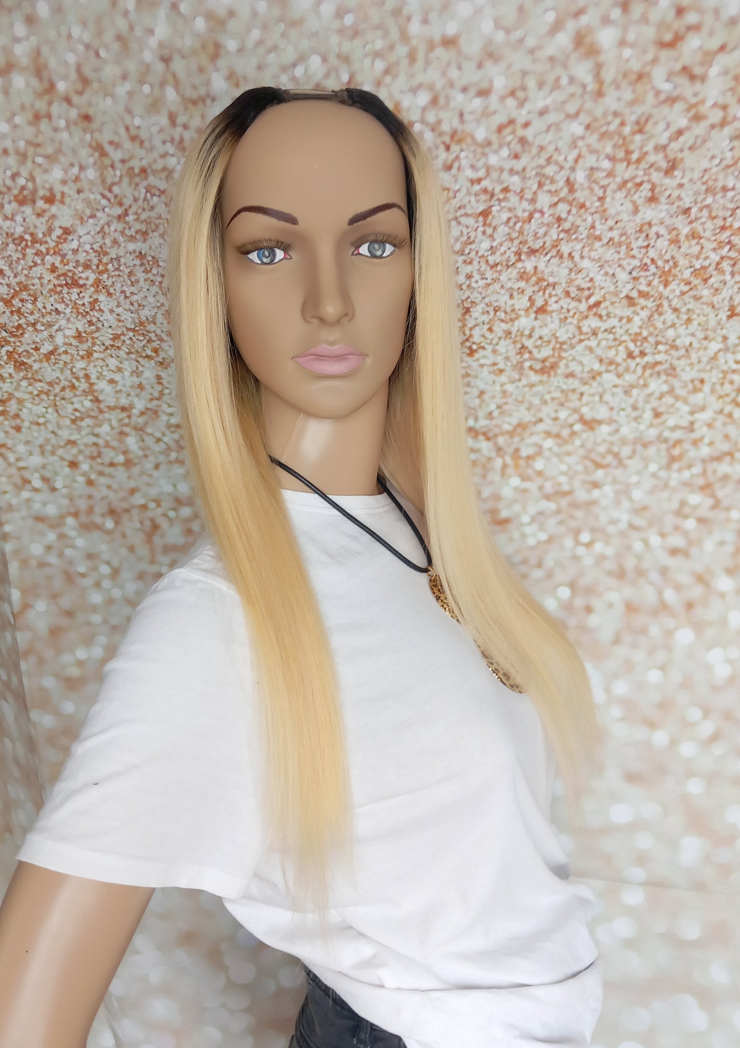 Vibe U part wig, #1b/613 Glossy natural black root, light blonde ,100% human hair, flip your style in seconds, 16/18/20 inch length