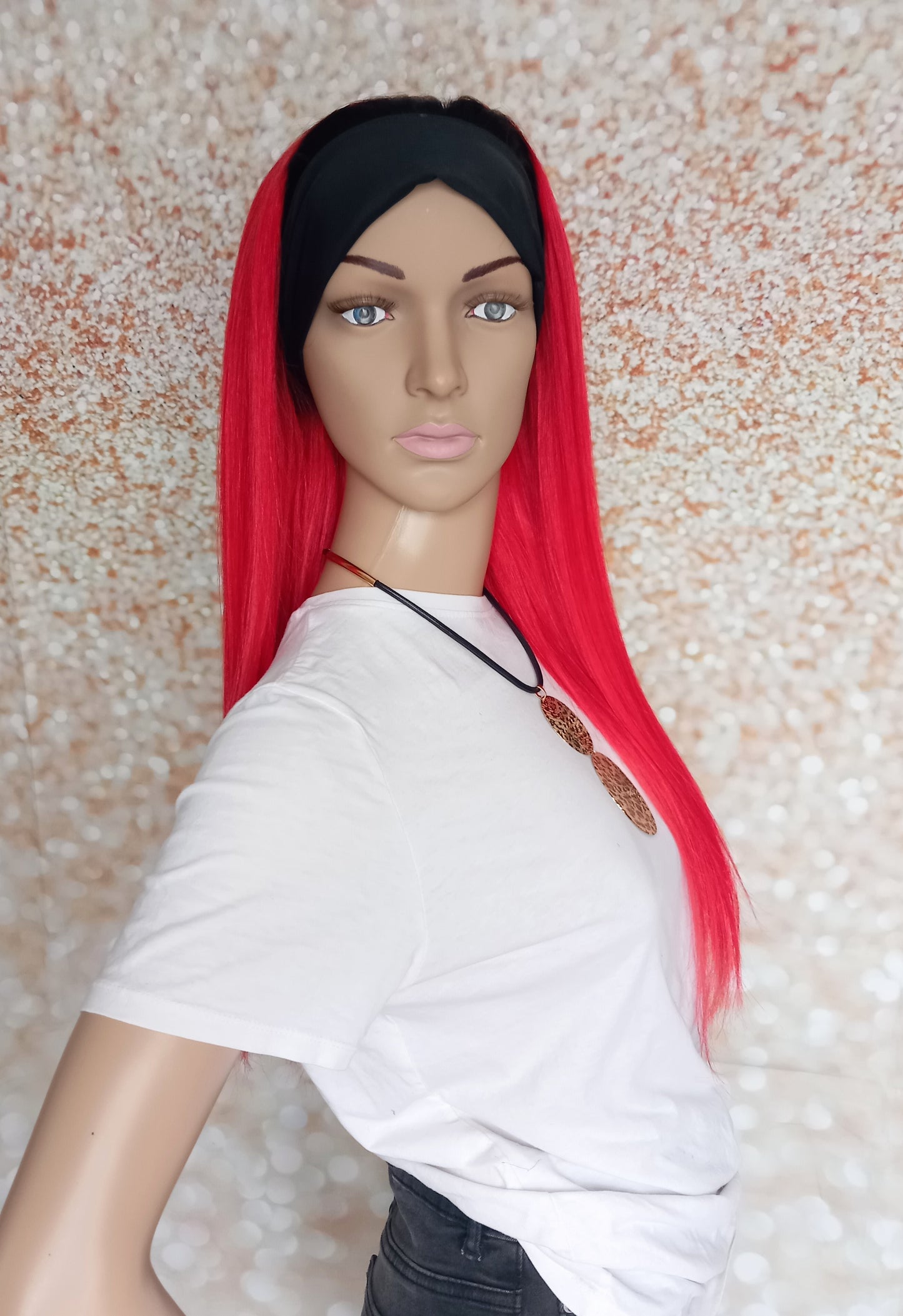 Vibe Headband wig, #1b/red, black Root/ vibe red, 100% human hair, flip your style in seconds, 16/18/20 inch length