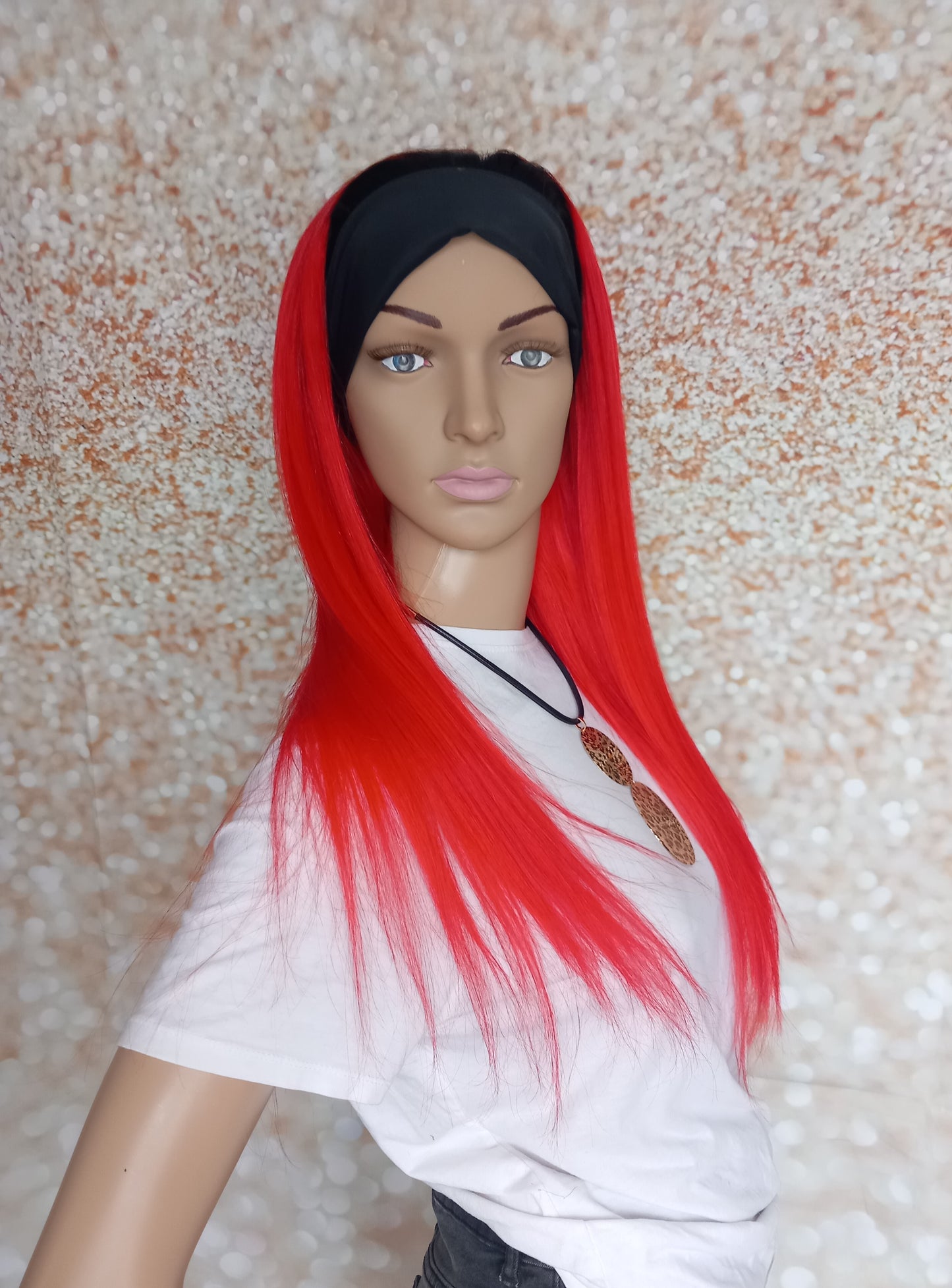 Vibe Headband wig, #1b/red, black Root/ vibe red, 100% human hair, flip your style in seconds, 16/18/20 inch length