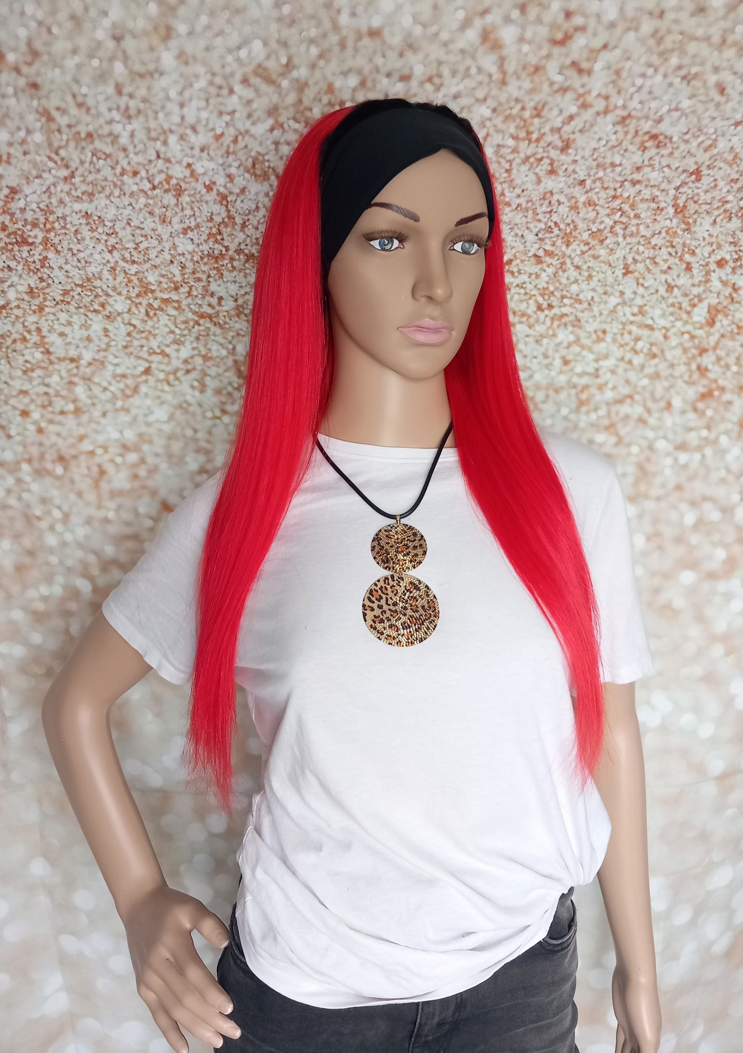 Vibe Headband wig, #1b/red, black Root/ vibe red, 100% human hair, flip your style in seconds, 16/18/20 inch length