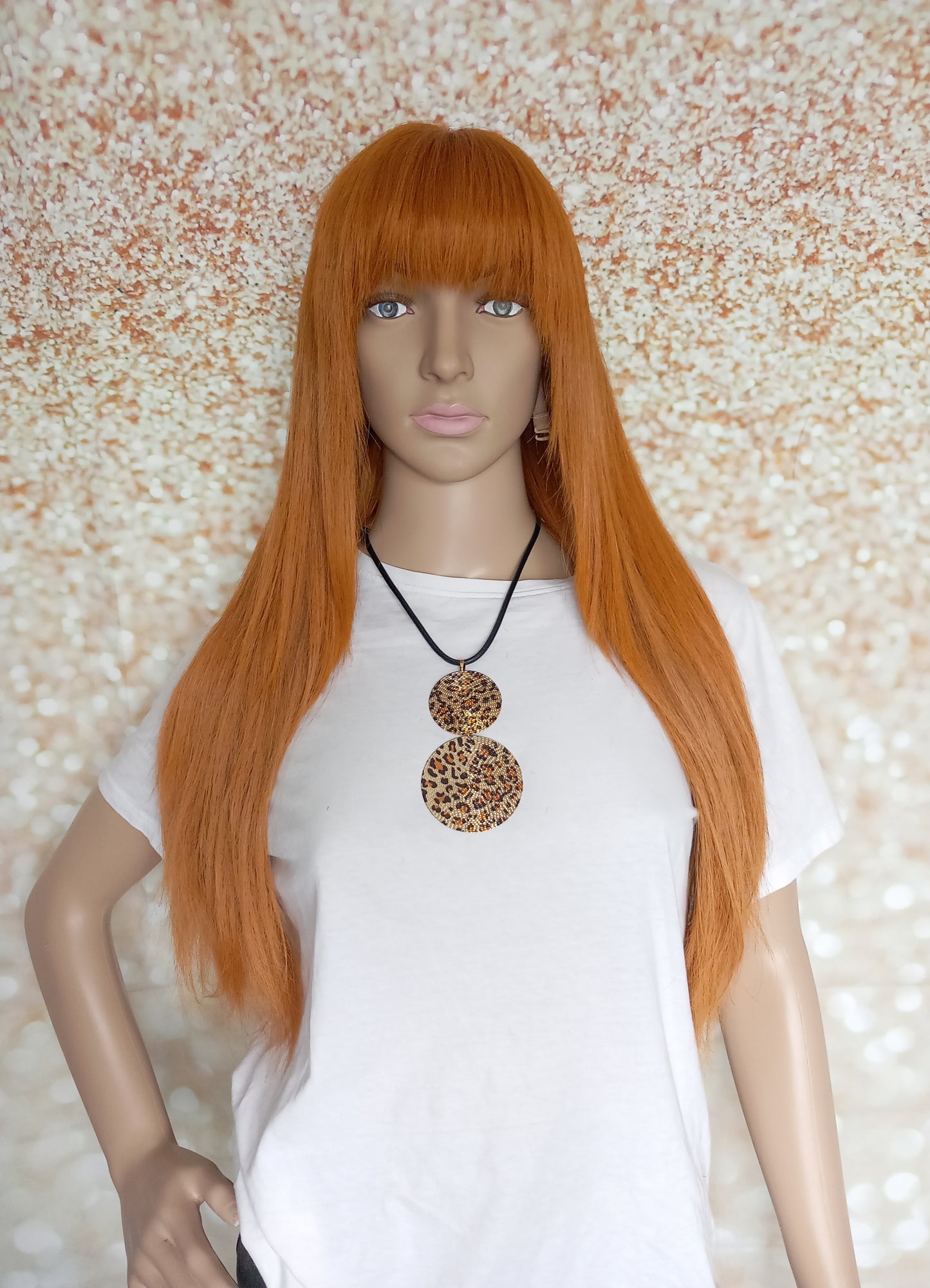 Vibrant Copper Human hair wig, lace closure, 18 inches long, fringe, bangs, medium size
