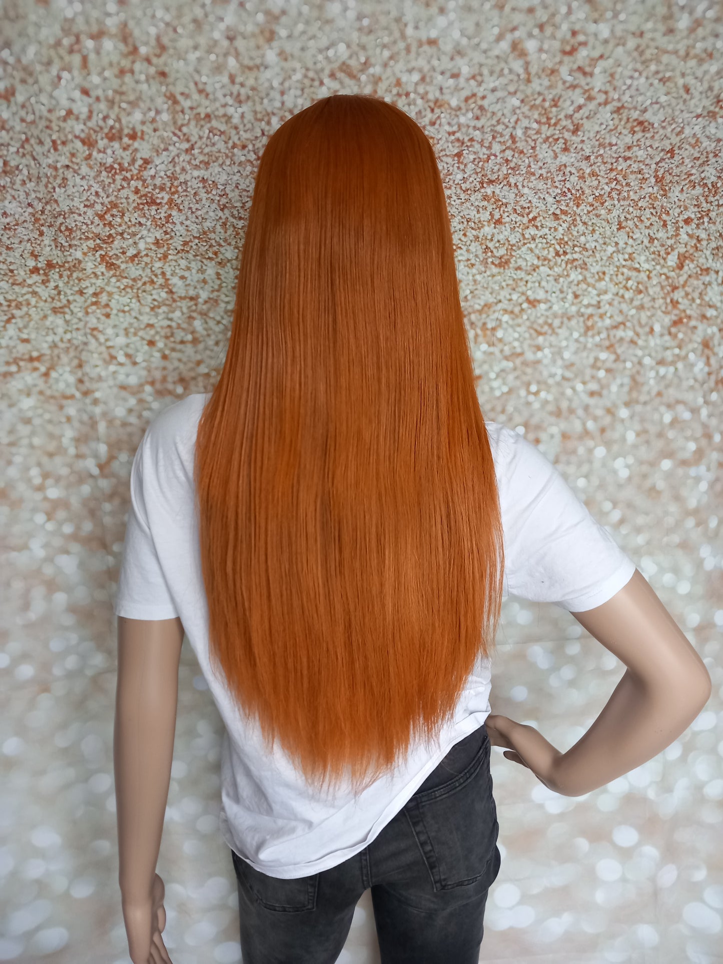 Vibrant Copper Human hair wig, lace closure, 18 inches long, fringe, bangs, medium size