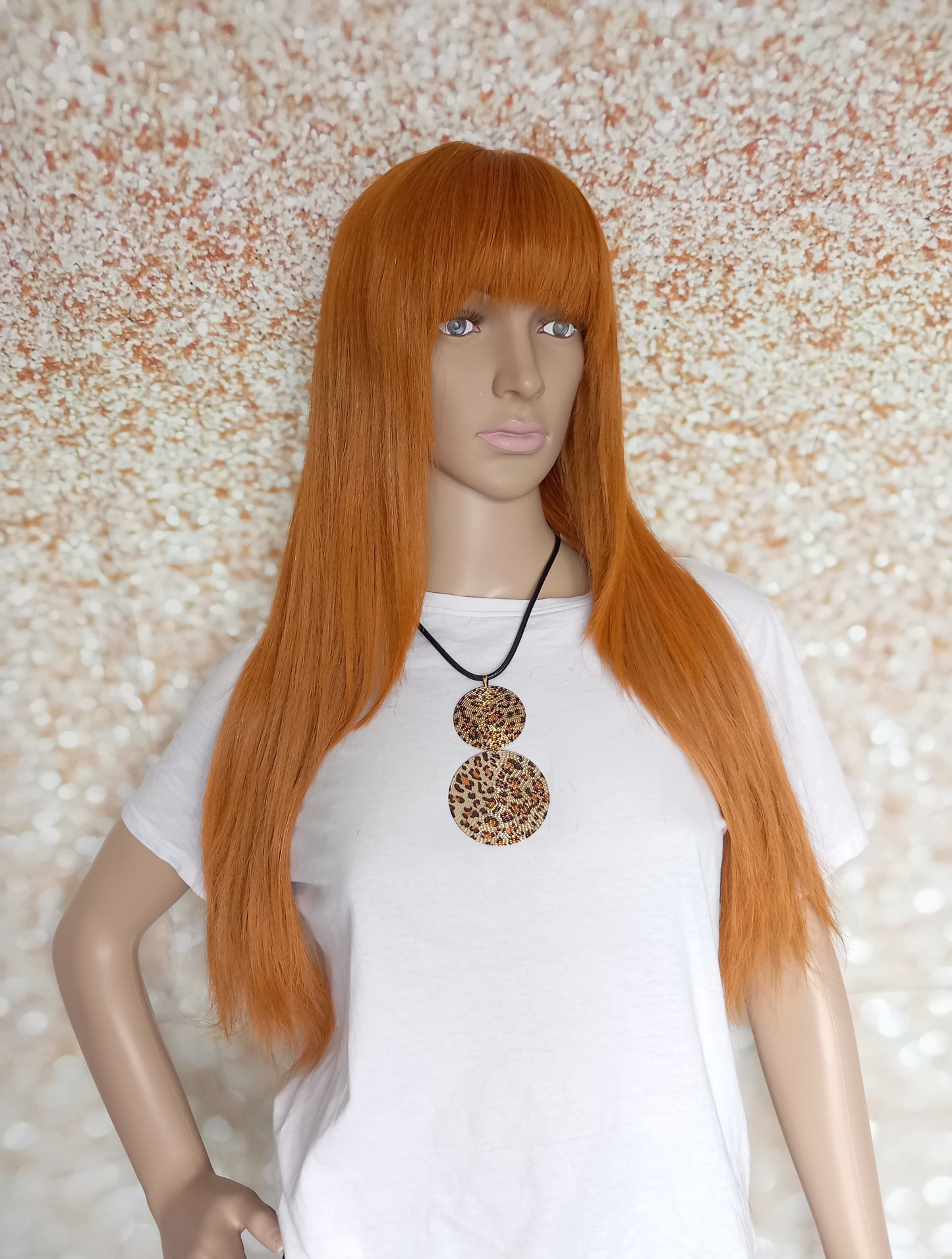 Vibrant Copper Human hair wig, lace closure, 18 inches long, fringe, bangs, medium size