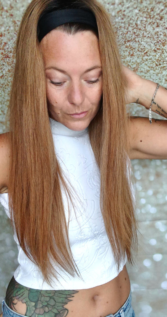 Vibe Headband wig, #1b/27, Natural Root/ strawberry blonde, 100% human hair, flip your style in seconds, 16/18/20 inch length