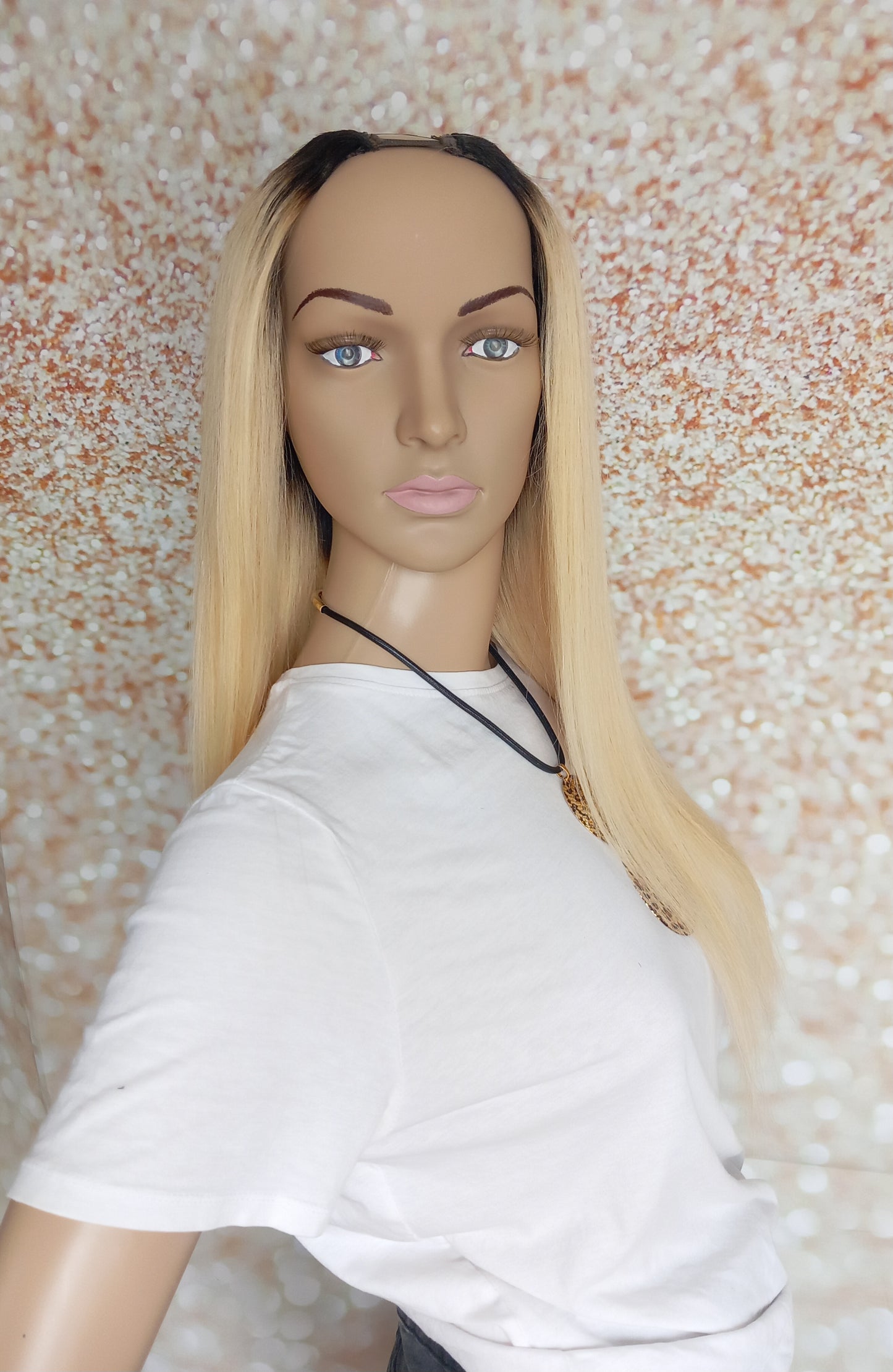 Vibe U part wig, #1b/613 Glossy natural black root, light blonde ,100% human hair, flip your style in seconds, 16/18/20 inch length