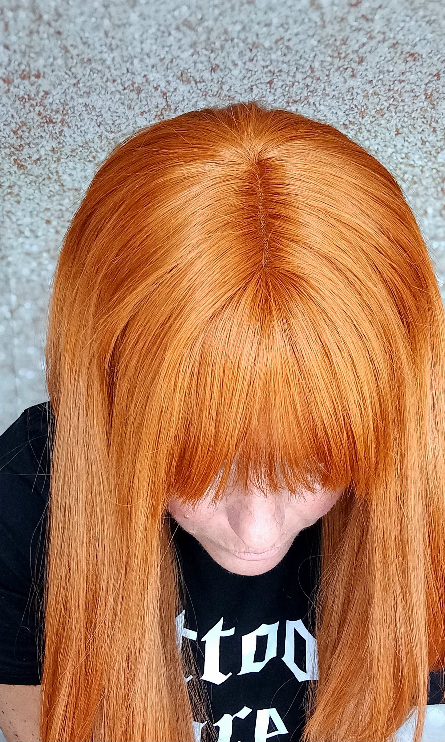 Vibrant Copper Human hair wig, lace closure, 18 inches long, fringe, bangs, medium size