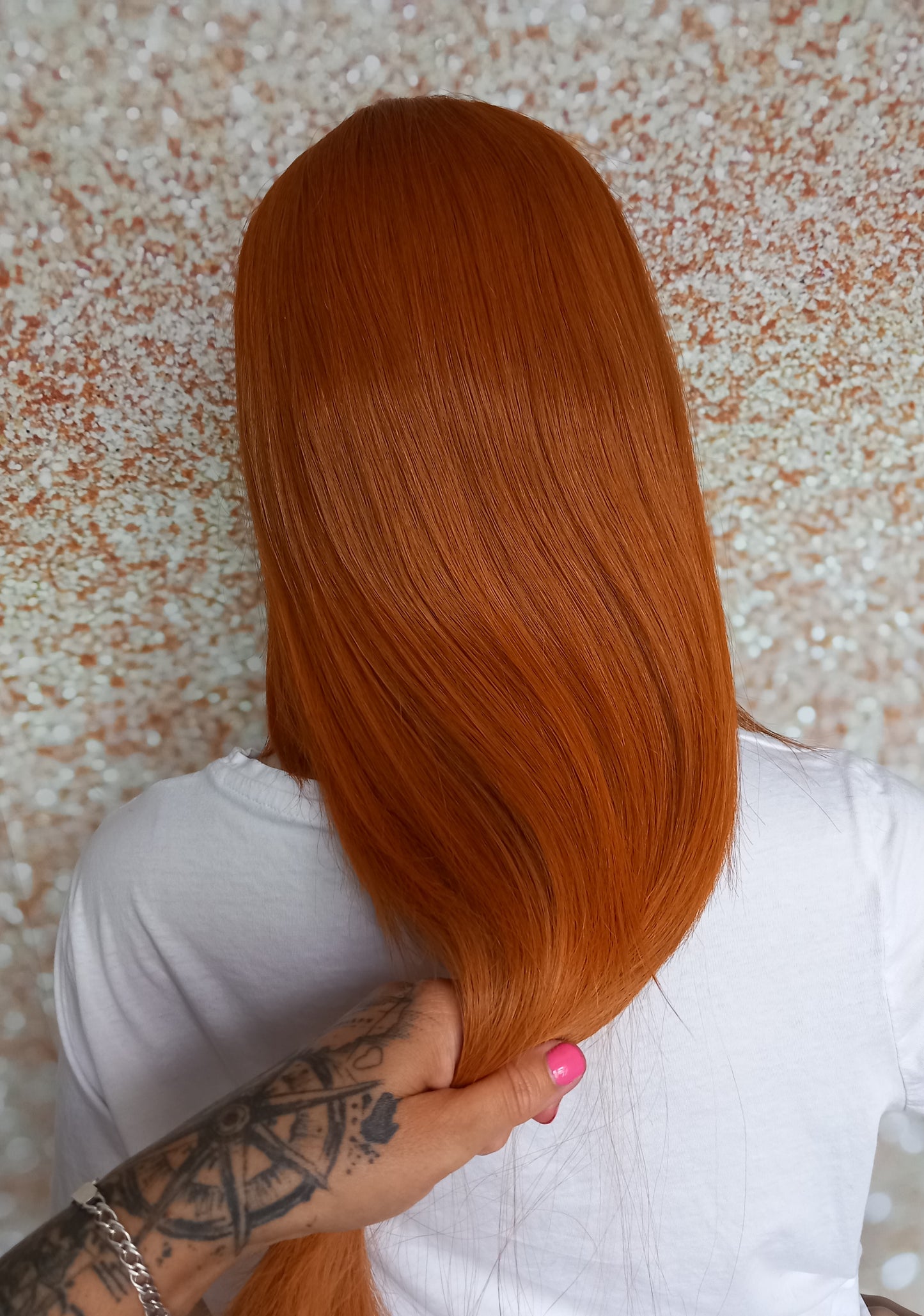 Vibrant Copper Human hair wig, lace closure, 18 inches long, fringe, bangs, medium size