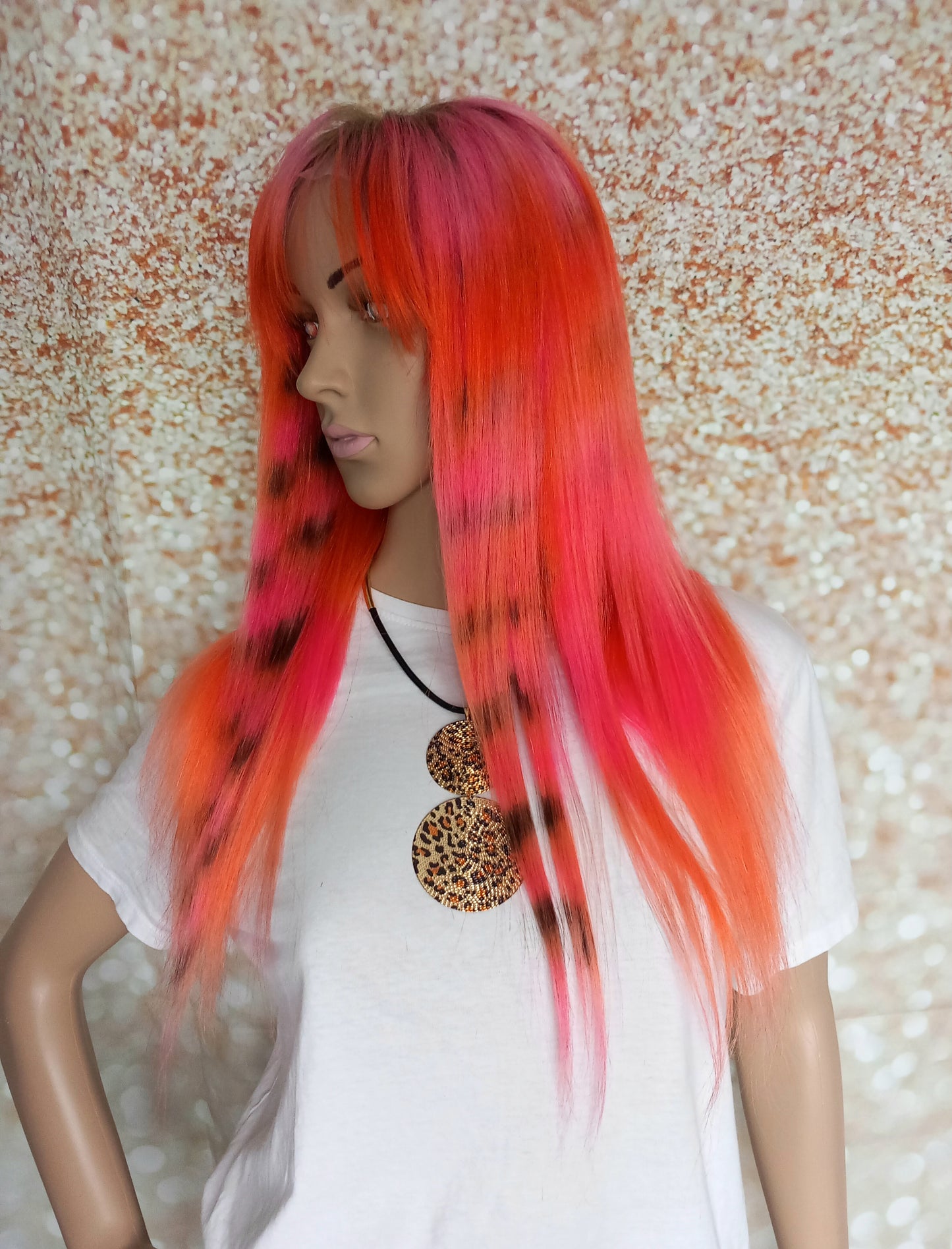 Racoon tail Human hair wig, lace closure, 18 inches long, fringe, bangs, medium size