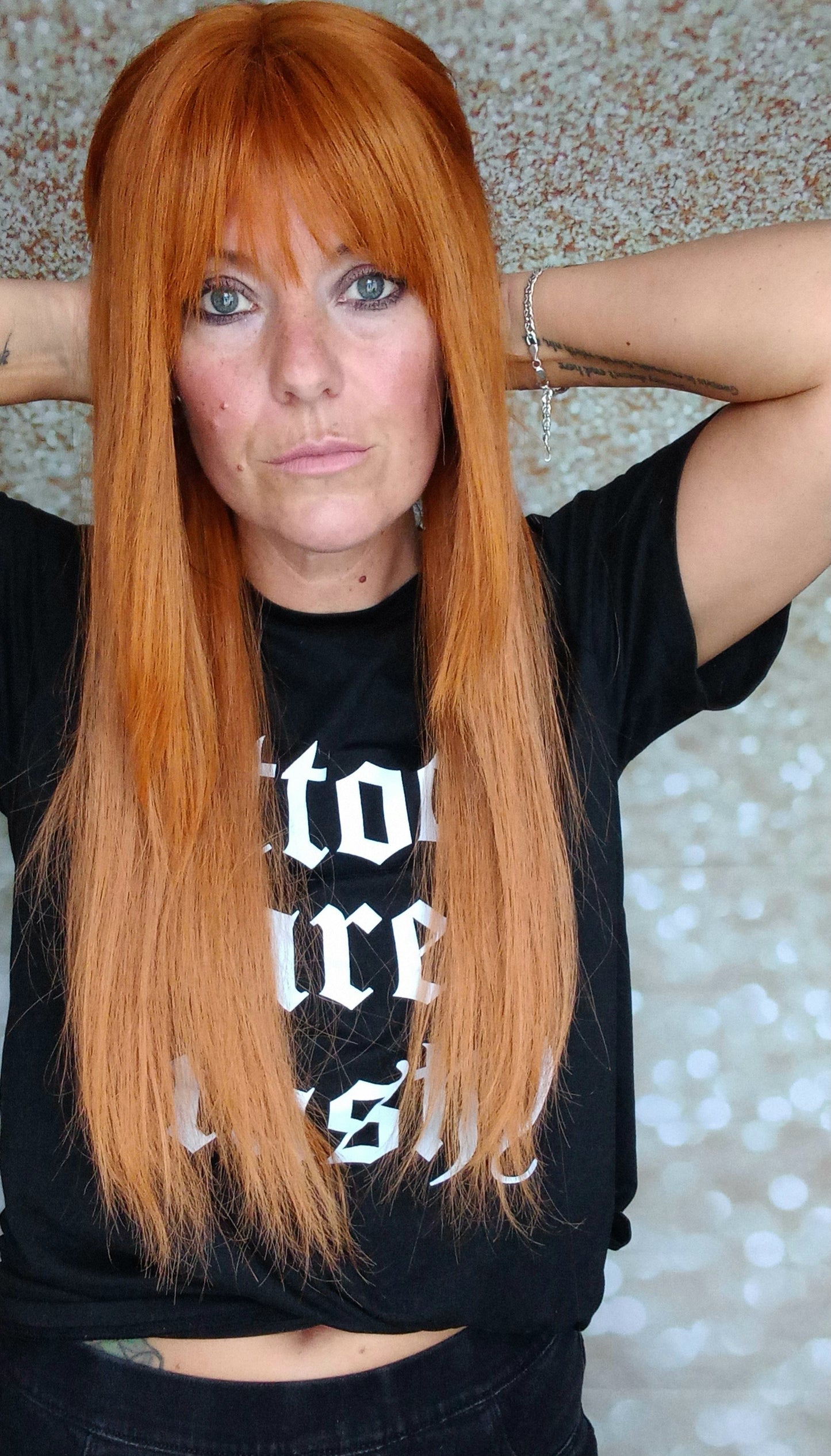 Vibrant Copper Human hair wig, lace closure, 18 inches long, fringe, bangs, medium size