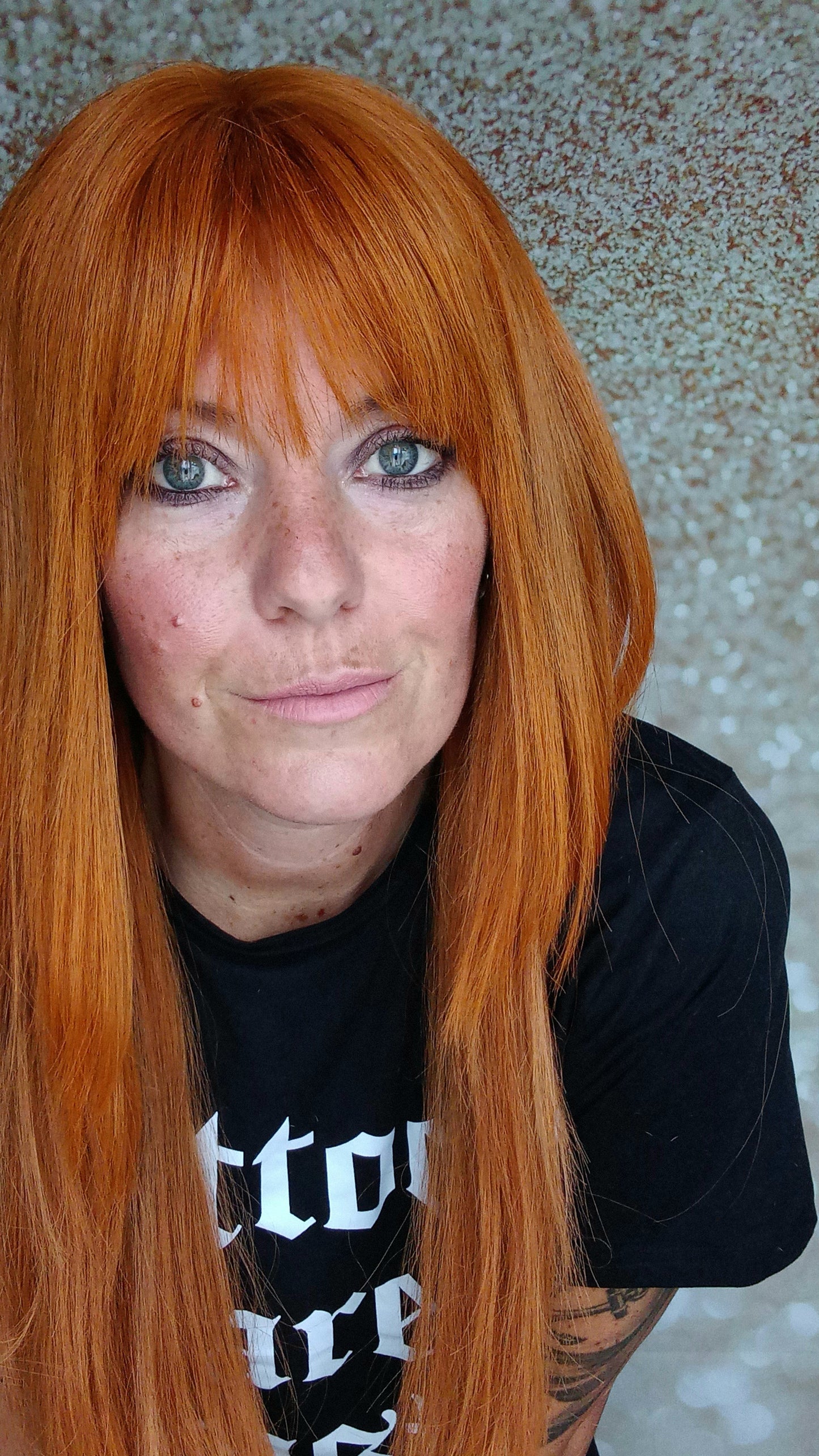 Vibrant Copper Human hair wig, lace closure, 18 inches long, fringe, bangs, medium size