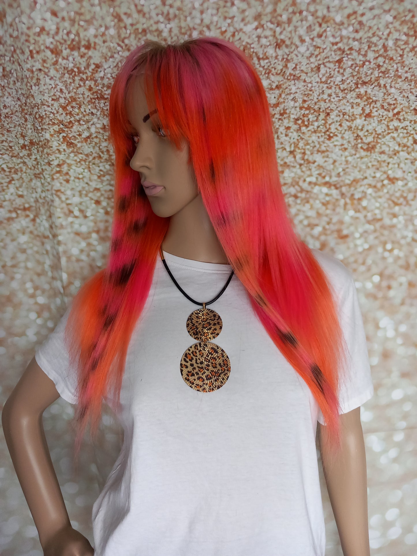 Racoon tail Human hair wig, lace closure, 18 inches long, fringe, bangs, medium size