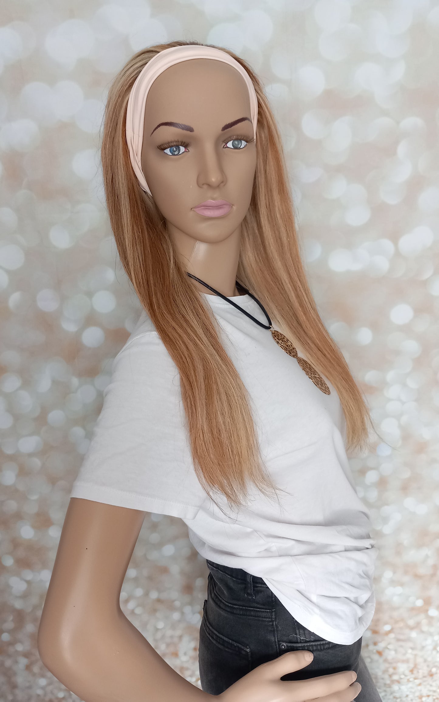 Vibe Headband wig, #8/613, auburn brown and light blonde, 100% human hair, flip your style in seconds, 16/18/20 inch length