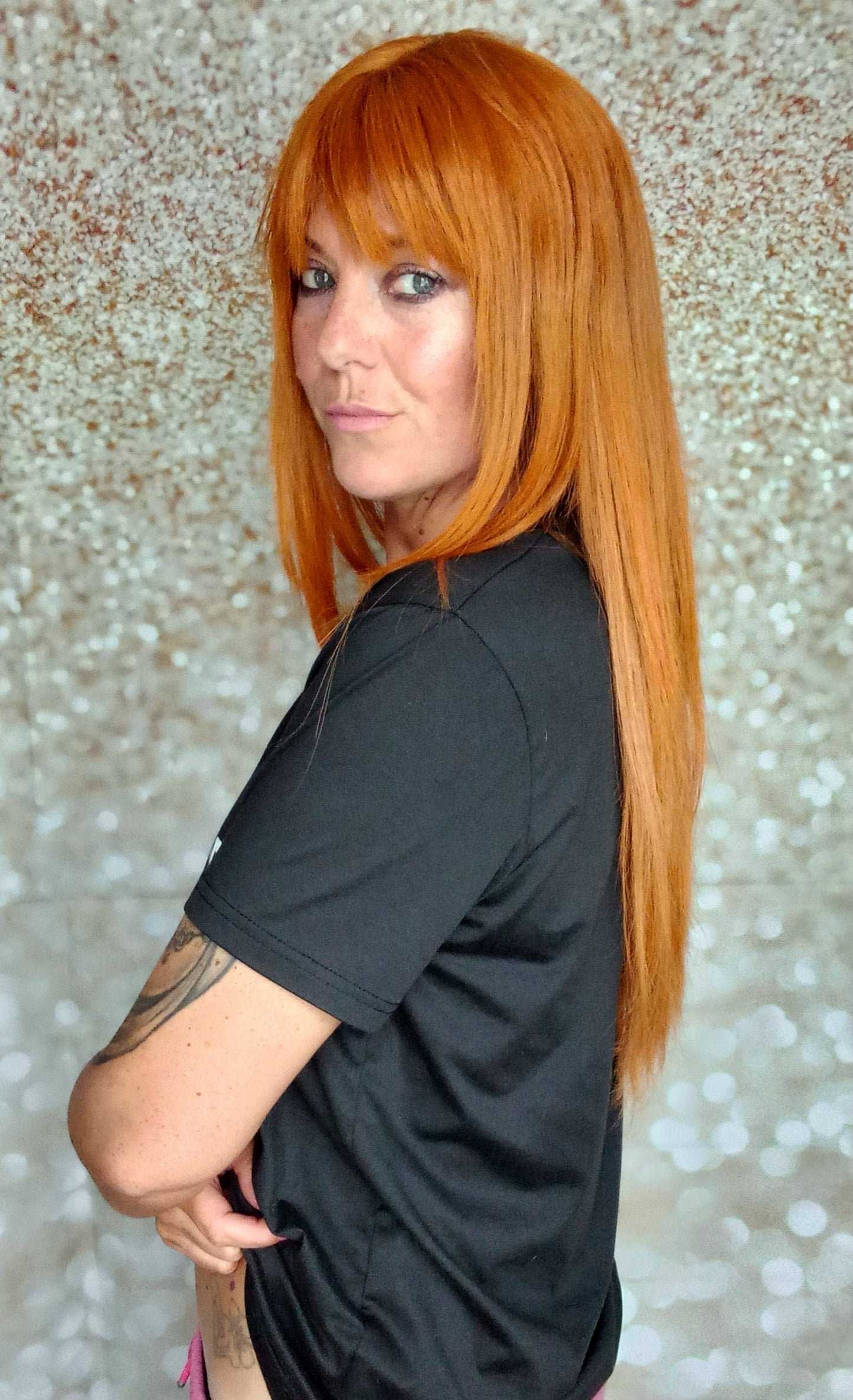 Vibrant Copper Human hair wig, lace closure, 18 inches long, fringe, bangs, medium size