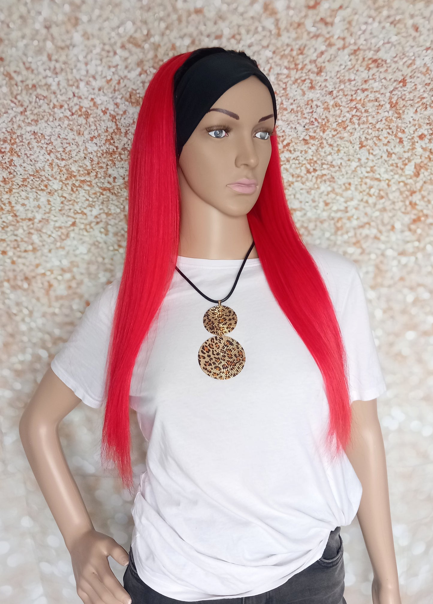 Vibe Headband wig, #1b/red, black Root/ vibe red, 100% human hair, flip your style in seconds, 16/18/20 inch length