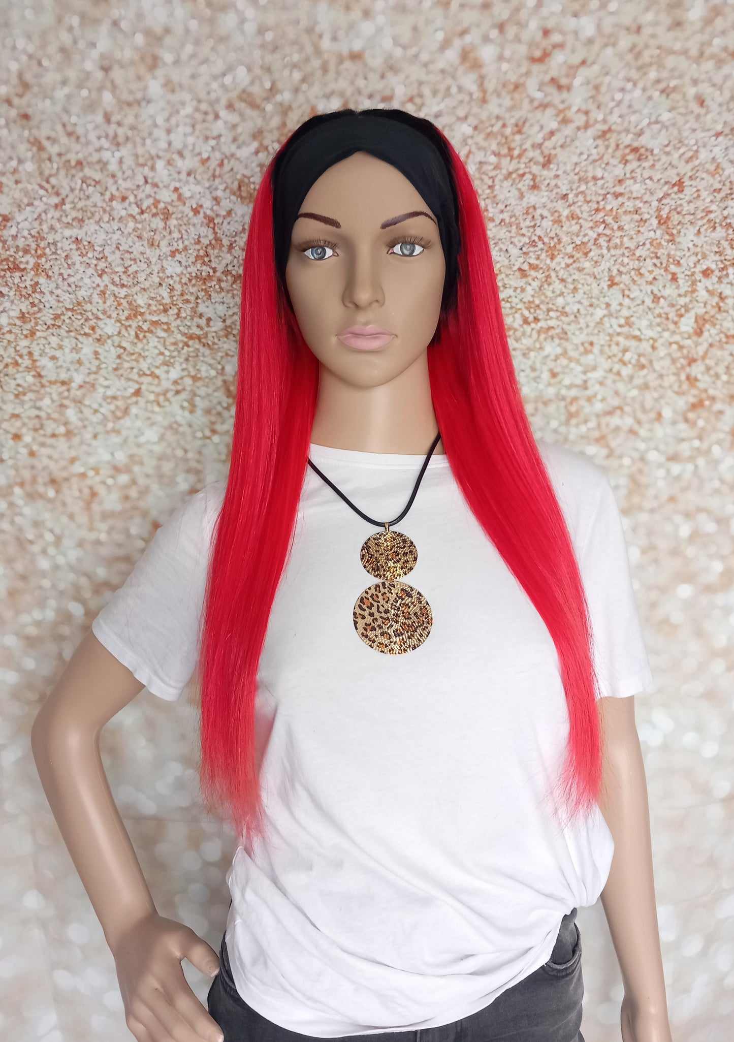 Vibe Headband wig, #1b/red, black Root/ vibe red, 100% human hair, flip your style in seconds, 16/18/20 inch length