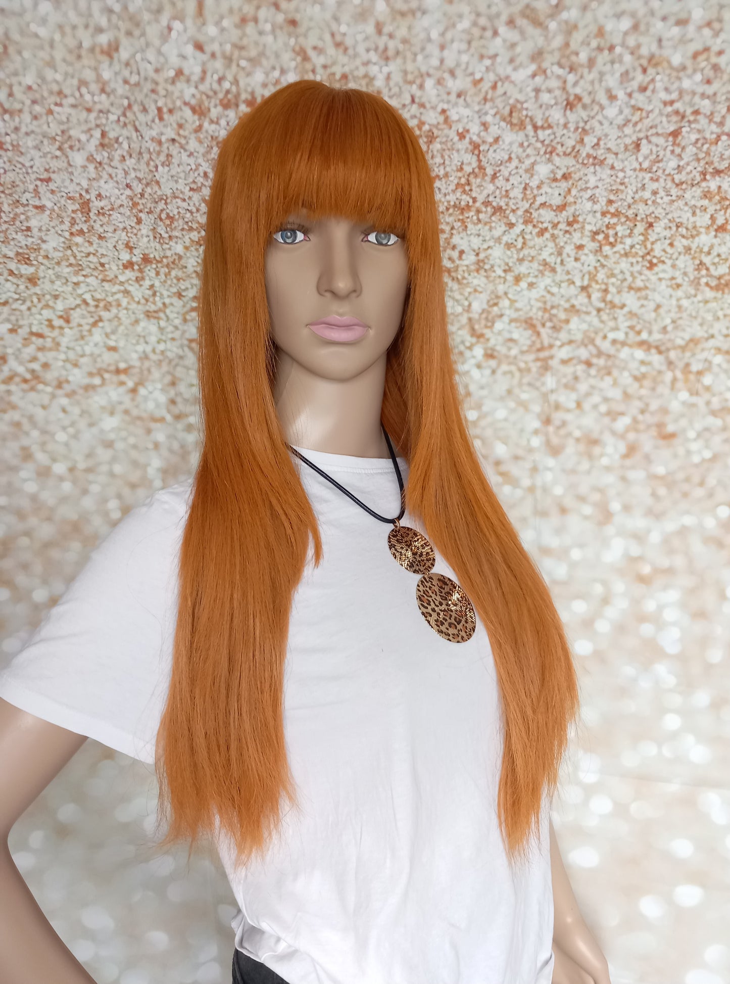 Vibrant Copper Human hair wig, lace closure, 18 inches long, fringe, bangs, medium size